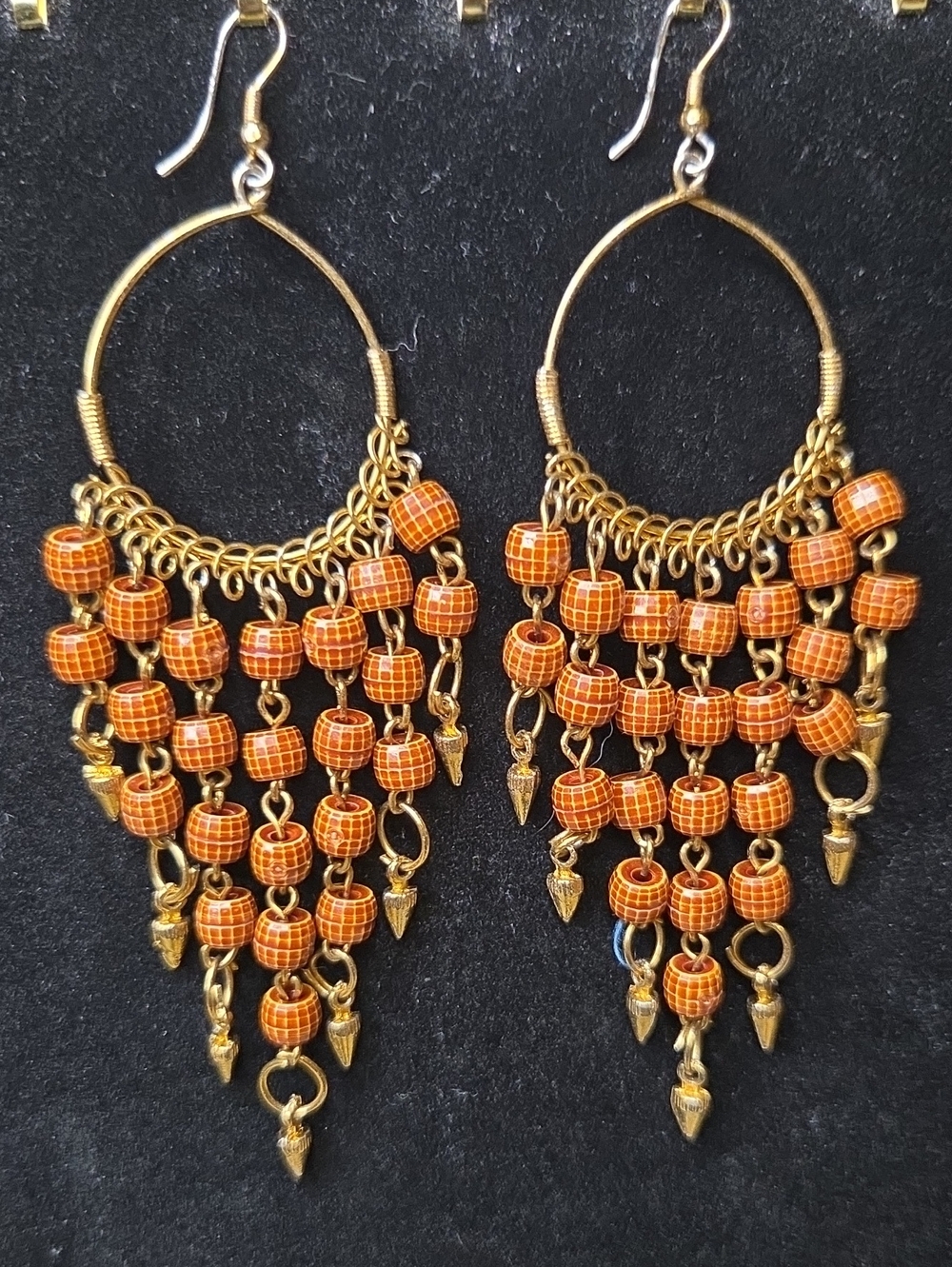 Handcrafted Gold-Tone Hoop Earrings with Orange Beaded Fringe